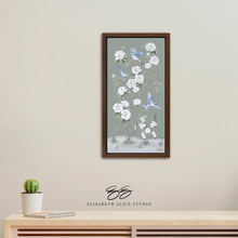 Load image into Gallery viewer, Bluebirds and Peonies, a green chinoiserie canvas wrap, available framed