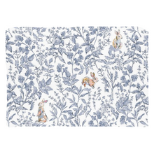 Load image into Gallery viewer, Bunny toile throw pillow, blue with colorful bunny