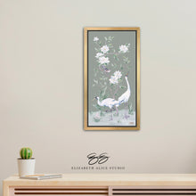 Load image into Gallery viewer, Cranes and Gardenias, a green chinoiserie canvas wrap, available framed