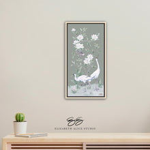 Load image into Gallery viewer, Cranes and Gardenias, a green chinoiserie canvas wrap, available framed