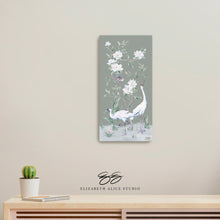 Load image into Gallery viewer, Cranes and Gardenias, a green chinoiserie canvas wrap, available framed