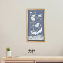 Load image into Gallery viewer, Cranes and Gardenias, a dark blue chinoiserie canvas wrap, available framed