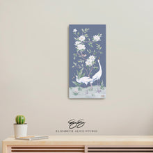 Load image into Gallery viewer, Cranes and Gardenias, a dark blue chinoiserie canvas wrap, available framed