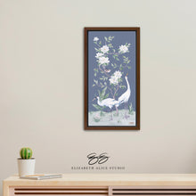 Load image into Gallery viewer, Cranes and Gardenias, a dark blue chinoiserie canvas wrap, available framed