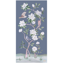Load image into Gallery viewer, Songbirds and Magnolias, a dark blue chinoiserie fine art print