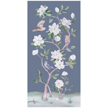 Load image into Gallery viewer, Songbirds and Magnolias, a dark blue chinoiserie fine art print