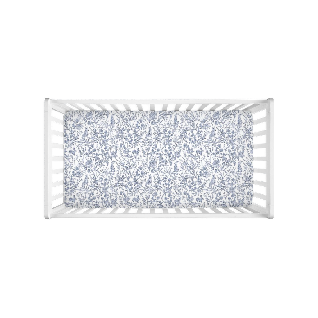 Bunny toile crib sheet blue