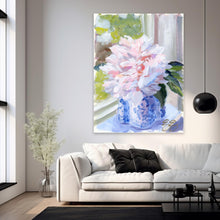 Load image into Gallery viewer, No. 396 Sarah Bernhardt peony in blue and white vase, a fine art print on canvas