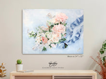 Load image into Gallery viewer, No. 234 Gratitude, peach and blue bouquet canvas wrap, available framed