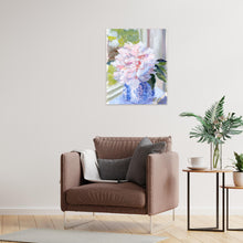 Load image into Gallery viewer, No. 396 Sarah Bernhardt peony in blue and white vase, a fine art print on canvas