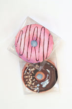 Load image into Gallery viewer, Pink frosted donut with chocolate drizzle, original acrylic painting on canvas - 4 x 4 inches