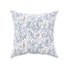 Load image into Gallery viewer, Bunny toile throw pillow, blue with colorful bunny