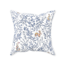 Load image into Gallery viewer, Bunny toile throw pillow, blue with colorful bunny