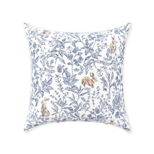 Load image into Gallery viewer, Bunny toile throw pillow, blue with colorful bunny