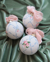 Load image into Gallery viewer, Ribbon trellis and rose hand-painted ornament (ships late November)