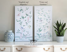 Load image into Gallery viewer, Cranes and Gardenias, a light blue chinoiserie canvas wrap, available framed