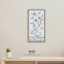 Load image into Gallery viewer, Songbirds and Magnolias, a light blue chinoiserie canvas wrap, available framed