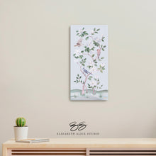 Load image into Gallery viewer, Songbirds and Magnolias, a light blue chinoiserie canvas wrap, available framed