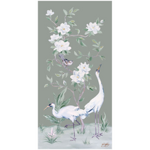 Load image into Gallery viewer, Cranes and Gardenias, a green chinoiserie fine art print