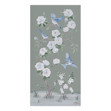 Load image into Gallery viewer, Bluebirds and Peonies, a green chinoiserie canvas wrap
