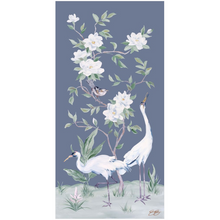 Load image into Gallery viewer, Cranes and Gardenias, a dark blue chinoiserie fine art print