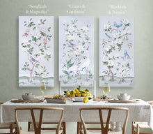 Load image into Gallery viewer, Songbirds and Magnolias, a light blue chinoiserie canvas wrap