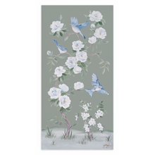 Load image into Gallery viewer, Bluebirds and Peonies, a green chinoiserie canvas wrap
