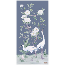 Load image into Gallery viewer, Cranes and Gardenias, a dark blue chinoiserie fine art print