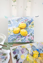 Load image into Gallery viewer, Still life painting of lemons on floral fabric - 10 x 10