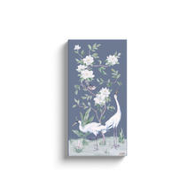 Load image into Gallery viewer, Cranes and Gardenias, a dark blue chinoiserie canvas wrap