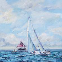 Load image into Gallery viewer, Sailboat Passing Thomas Point Lighthouse - 24 x 24