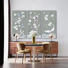 Load image into Gallery viewer, Cranes and Gardenias, a green chinoiserie canvas wrap
