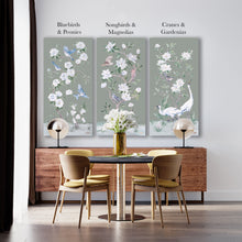 Load image into Gallery viewer, Bluebirds and Peonies, a green chinoiserie canvas wrap, available framed
