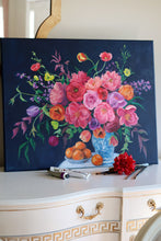 Load image into Gallery viewer, Navy chinoiserie bouquet with oranges - 24 x 30