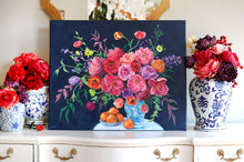 Load image into Gallery viewer, Navy chinoiserie bouquet with oranges - 24 x 30