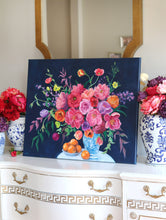 Load image into Gallery viewer, Navy chinoiserie bouquet with oranges - 24 x 30
