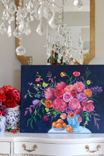 Load image into Gallery viewer, Navy chinoiserie bouquet with oranges - 24 x 30