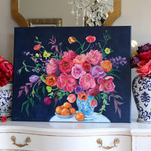 Load image into Gallery viewer, Navy chinoiserie bouquet with oranges - 24 x 30