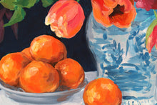 Load image into Gallery viewer, Navy chinoiserie bouquet with oranges - 24 x 30