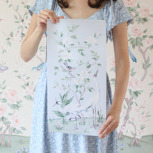 Load image into Gallery viewer, Cranes and Gardenias, a light blue chinoiserie fine art print