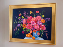 Load image into Gallery viewer, Navy chinoiserie bouquet with oranges - 24 x 30