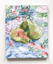 Load image into Gallery viewer, Still life painting of pears on floral fabric - 8 x 10