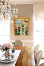 Load image into Gallery viewer, Elizabeth Alice Studio original acrylic painting, art of a tablescape, outdoor dining, wedding rustic table with flowers cascading down the side. Green blue white painting art. Garden Luncheon. Art in dining room with gold frame. Art for neutral color dining room. Traditional dining room art.