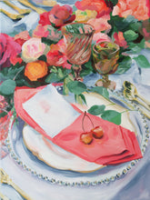 Load image into Gallery viewer, Elizabeth Alice Studio art original acrylic painting of a place setting with cherries and pink napkin, colored glass goblets, fall florals, unique art for dining room kitchen, colorful pink painting, art for preppy home, art for feminine decor, expressive painting, impressionist painting for dining room