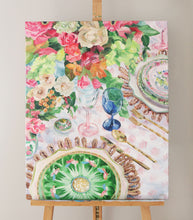 Load image into Gallery viewer, Elizabeth Alice Studio original acrylic painting art, lush tablescape with famille rose chinoiserie plates, clear pink blue wine glasses, pink and green floral bouquet centerpiece. Colorful painting for dining room, unique art for dining room, add pop of color to neutral room. Chinoiserie art, original painting, expressive brush strokes, impressionist modern painting, unique art for dining room. Colorful art for traditional home.