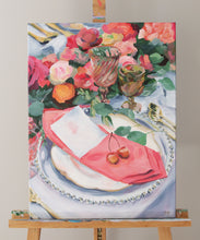 Load image into Gallery viewer, Elizabeth Alice Studio art original acrylic painting of a place setting with cherries and pink napkin, colored glass goblets, fall florals, unique art for dining room kitchen, colorful pink painting, art for preppy home, art for feminine decor, expressive painting, impressionist painting for dining room with gold frame, traditional decor, grandmillennial art decor style