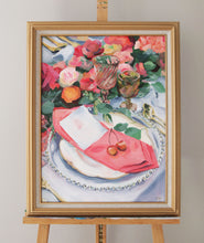Load image into Gallery viewer, Elizabeth Alice Studio art original acrylic painting of a place setting with cherries and pink napkin, colored glass goblets, fall florals, unique art for dining room kitchen, colorful pink painting, art for preppy home, art for feminine decor, expressive painting, impressionist painting for dining room with gold frame, traditional decor, grandmillennial art decor style