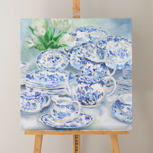 Load image into Gallery viewer, Elizabeth Alice Studio original painting art, blue and white dishes set stacked up, traditional decor, set of dishes, art for dining room, blue and white painting, art for traditional home, art for blue and white decor, art for southern traditional home, art for coastal style home, loose brush strokes acrylic painting, impressionist modern art