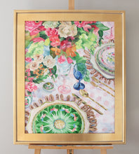 Load image into Gallery viewer, Elizabeth Alice Studio original acrylic painting art, lush tablescape with famille rose chinoiserie plates, clear pink blue wine glasses, pink and green floral bouquet centerpiece. Colorful painting for dining room, unique art for dining room, add pop of color to neutral room. Chinoiserie art, original painting, expressive brush strokes, impressionist modern painting, unique art for dining room. Colorful art for traditional home. Painting in wide gold frame.