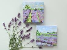 Load image into Gallery viewer, Elizabeth Alice Studio lavender field acrylic painting, original painting on canvas, blue purple and green landscape of a lavender field reminiscent of Provence, colorful landscape painting, modern abstract impressionist landscape art